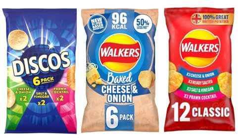 Assorted Baked Cheese & Onion Crisps, 12 Classic Varieties, 432g,Enjoy an assortment of classic flavours - cheese & onion, salt & vinegar, and prawn cocktail.