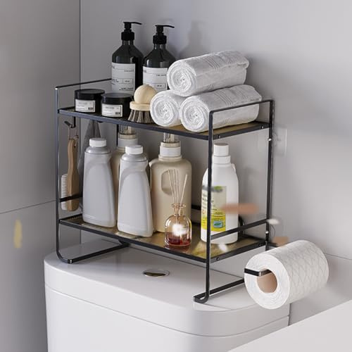 Zstar Badezimmer Regaln, Wc Regal üBer Die Toilette, Metal Toilettenregal Mit 2 Haken, 2 Etagen Badezimmer Organizer BadezimmermöBel für Die Wand Platzsparend Modern (Schwarz) (45x16x36cm)