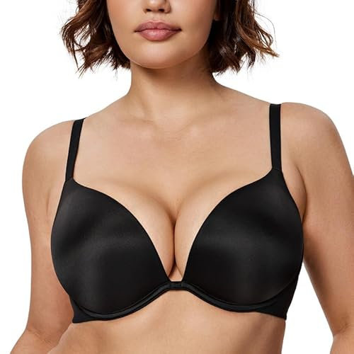 Wingslove Damen Super Push Up BH mit Bügel Dünn Gepolstert Nahtlos Tief-V Großgrößen T-Shirts Bustier (Nacht-Schwarz, 95C)