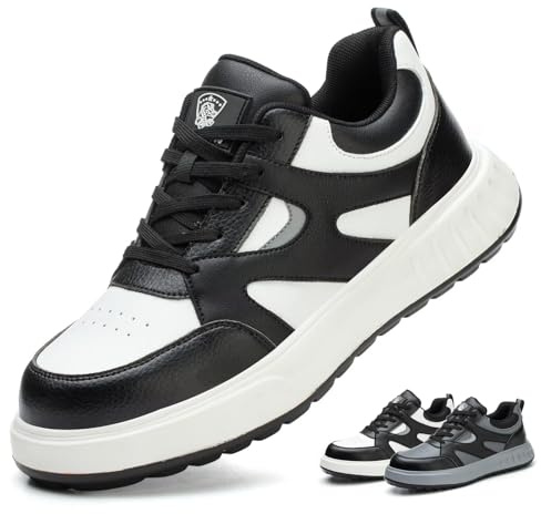 Zapatos de Seguridad para Hombre Mujer Ligeros Calzado de Seguridad con Punteras de Acero Comodo Zapatillas Trabajo Antideslizantes Negro Blanco 42 EU
