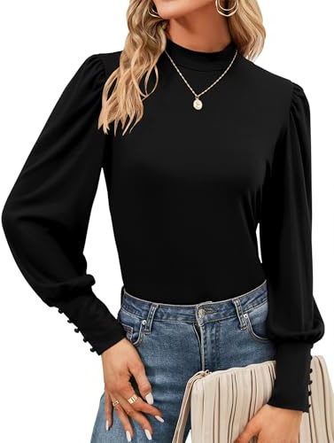 Tisfeer Womens Long Sleeve Turtleneck Tops Puff Sleeves Blouse Casual Shirt Button Cuffs Ladies Fall Tunic
