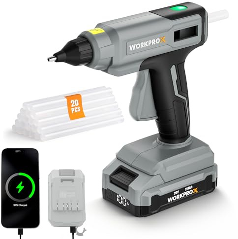 WORKPROX 80 W Cordless Hot Glue Gun with 20pcs Glue Sticks | 90 Min Runtime, 20 V Rechargeable Full-Size Glue Gun Kit, 2.0 Ah Battery, Type-C Charging Cord, DIY Crafts, Repair