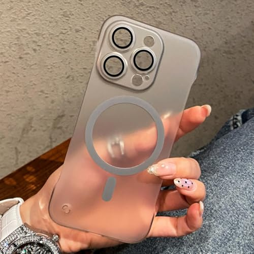 SSASMEU Ultra Thin Magnetic Matte Frameless Phone Case for Iphone 16 15 14 12 13 Pro Max Lens Protector Translucent Frosted Back Cover(For iPhone 15/Gray)