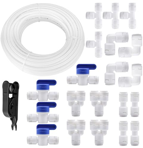 HAXIHA 20 Metros Manguera de Suministro de Agua Universal,Kit de Conector de Manguera de Refrigerador de 1/4(Y+T+I+L Combo+Válvula de Cierre) para Sistemas de Ósmosis Inversa RO y Filtros,Blanco
