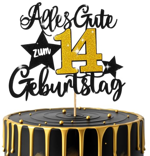 Tyqour Tortendeko 14 Geburtstag Junge Mädchen, Glitzer Kuchen Deko Geburtstag 14 Jahre Junge Schwarz Gold Happy 14th Birthday Cake Topper, Torten Deko 14geburtstag Teenager,Cake Topper Tortenaufsätze