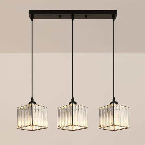 Goeco Modern Kristall Kronleuchter, 3 Flammig Deckenleuchte Schwarz mit Glas Lampenschirm, Pendelleuchte Hängeleuchte Höhenverstellbar für Kücheninsel Esszimmer Wohnzimmer Flur