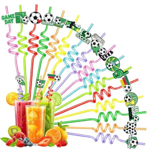 16 Pièces Paille Enfant, Pailles Football, Pailles Spirales Réutilisables, Straws Plastique Colorées, Pailles Décoratives de Football pour Fêtes Anniversaire Enfants