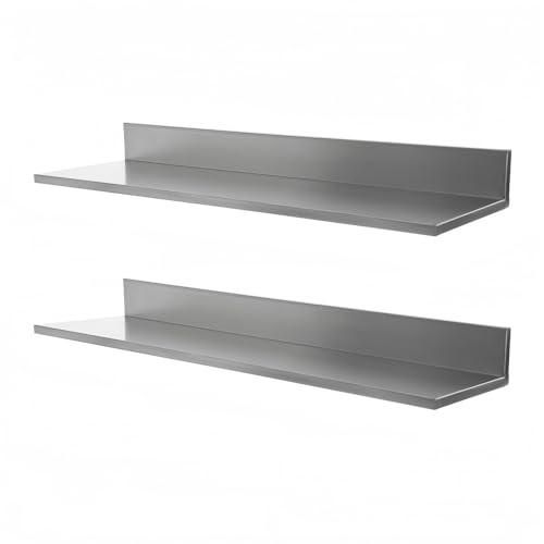 HIKUUER 2er Set Edelstahl Wandregal Küchenregal L-förmig Schwebend Belastbar bis 18 kg für Küche Speisekammer Bad, Wandmontiertes Ablageboard für Gewürze Kochutensilien, 76.2x21.8x8.5cm, Silber