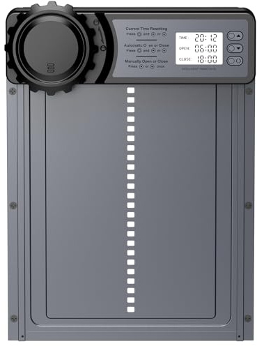 CHAMUTY Aluminum Automatische Hühnerklappe Batterie, Hühnerklappe Automatisch mit Wasserdicht Großes Display, Timer, Manuelle, Elektrische Hühnertür, Intelligenter Einklemmschutz