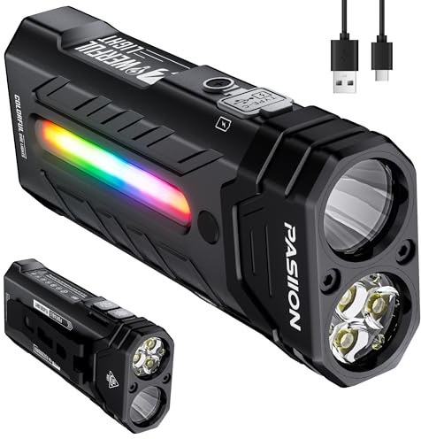 LED Taschenlampe 3250 Lumen mit RGB Licht,55 Modi Klein taschenlampe led aufladbar mit Flut- & Spotlicht,Magnetbasis, wasserdicht, USB-C,EDC Taschenlampe Flashlight Torch für Camping,Hause & Notfäll