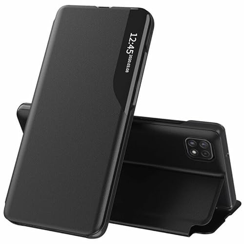 Techsuit für Samsung Galaxy A22 5G Klapphülle mit Kartenfach, Ständer, Smart View Fenster, Kameraschutz, Kratzfest, Erhöhte Kanten, eFold Series, PU Leder, Schwarz