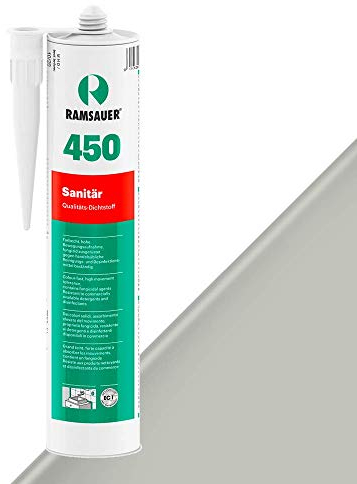 RAMSAUER 450 Sanitär 1K Silikon (Grau Nr. 15) - 310ml Kartusche, ideal für Feuchträume & Nassbereiche, Lebensmittelbereich, leicht verarbeitbar, schnelle Tiefhärtung, optimale Glättbarkeit