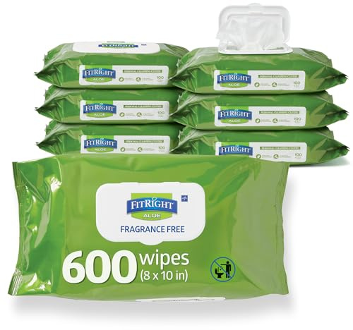 Medline FitRight Aloe Personal Cleansing Cloth Wipes, Unscented, 8 x 12 inch Adult Large Incontinence Wipes, 100 count, pack of 6 - White