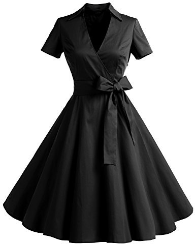 Timormode Robe Années 50's Audrey Hepburn Rockabilly Swing,Plissé Robe à Manches Courtes 10084Black L