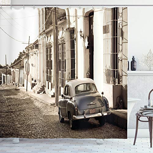 ABAKUHAUS Oldtimer Duschvorhang, Old Car Cuba Street, Stoffliches Gewebe Badezimmerdekorationsset mit Haken, 175 x 180 cm, Beige Taupe
