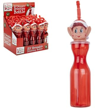 Fun & Unique Clear Red Plastic Bottle With Elf Head On Top & Flexistraw - 500 ml - Durable Material - Perfect for Kids