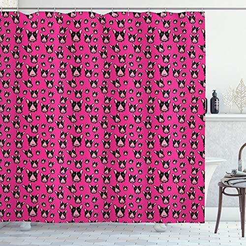 ABAKUHAUS Hunde Duschvorhang, Bullterrier-Hundeköpfe auf Rosa, Stoffliches Gewebe Badezimmerdekorationsset mit Haken, 175 x 200 cm, Hot Pink Schwarz