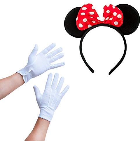 Oblique Unique® Damen Maus Mouse Kostüm Accessoire Set Rot Weiß Schwarz - Haarreifen mit Maus Ohren und Schleife Gepunktet + Handschuhe für Fasching Karneval Motto Party