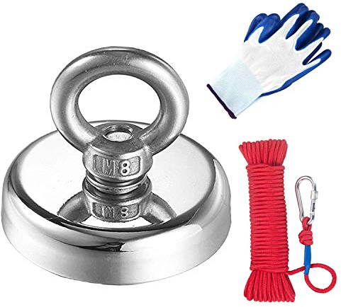 MEIXI N52 Neodym-Magnet, leistungsstark, Angelmagnet, Zugkraft 181 kg, mit 20 m Seil und einem Paar Handschuhe für das Angeln mit Magnet, Auffahrung, Rettung – Durchmesser 60 mm