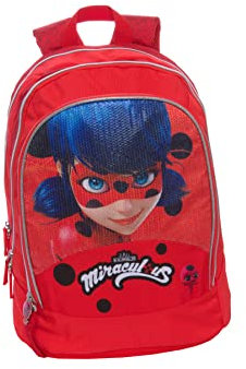 MIRACULOUS - Zaino Organizzato Ladybug Scuola, con Spallacci e Retro Imbottiti, Ampio Vano e Tasche Zip - Zainetto Bambina e Bambino - Zaino Scuola 32x44hx23 cm, Rosso + Stampa
