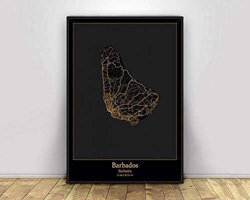 SONG Leinwand Bild, Barbados Schwarz & Gold Stadtlicht Benutzerdefinierte Weltstadtkarte Poster Leinwand Wandbilder für Wohnzimmer Wandkunst Home Decor,30X45CM