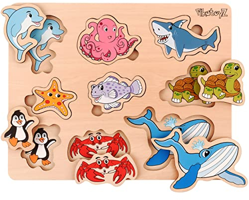 PikatoyZ® Holzspielzeug ab 1 Jahr, 2 und 3 Jahre – Montessori Steckpuzzle mit Meerestieren – Kinderpuzzle und Lernspiel Kleinkinder