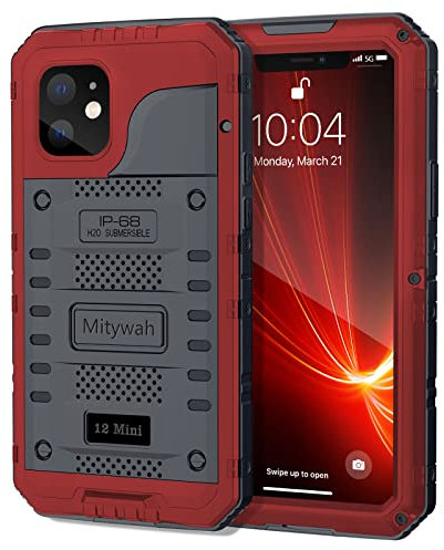 Mitywah Waterproof Case for iPhone 12 Mini, Heavy Duty Military Grade Case with Built in Screen Protector, Dust Proof Shockproof Metal Case 5.4 inch, Red