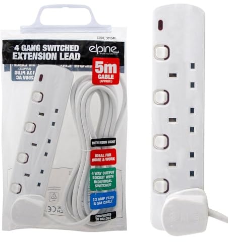 New 4 Way, 5 Metre Extension Cable - Cord, Electric Mains Power Socket Plug 13 Amp, LED, Individual Socket Switch | UK Plug 3 Pin Socket Outlet | Ideal For Emergency Use (4 Way, 5m Switched)