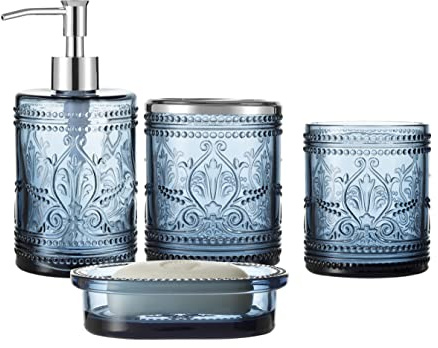 4PCs Heavy Weight Decent Real Blue Glass Bathroom Accessories Set with Decorative Pressed Pattern - Includes Hand Soap Dispenser & Tumbler & Soap Dish & Toothbrush Holder(Blue)