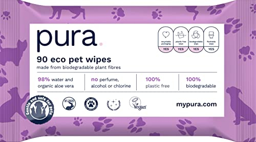 Pura Lingettes Nettoyantes Pour Animaux et Chiens, 90 Lingettes (1 Paquet), 100% Sans Plastique, Extra Larges, Idéales pour le Toilettage et le Nettoyage, Sans Parfum, Végétaliennes