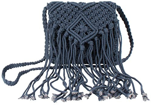 MEGAUK Bolso bandolera con flecos para mujer, bolso de hombro con flecos, borlas, paja, bolsa de playa tejida para mujer, 00334 Azul Oscuro