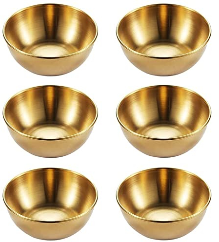 6 Piezas Tazones de Aperitivo, Cuenco Pequeño, Tazón de Salsa de Sushi, Cuencos Redondos de Acero Inoxidable para Salsas, para Salsas, Mini Aperitivos, Especias, Sushi, Platillos, Soja, 8cm×3cm (Oro)