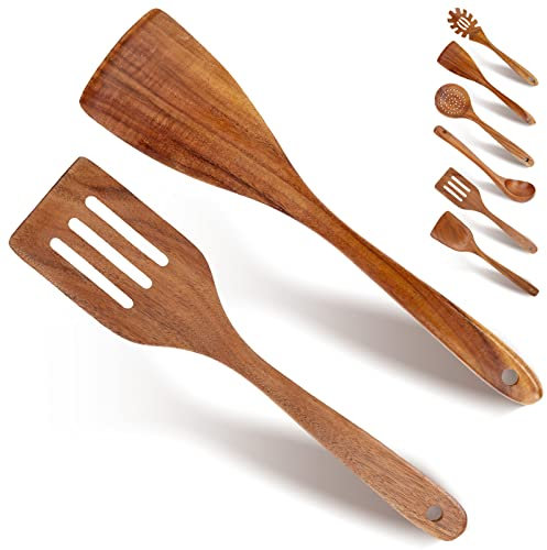 Holzspatel-Set mit langem Griff Wokspatel zum Kochen, Holzkochutensilien für Küche, Kochgeschirr, Holz-Schlitzspatel, Werkzeug, antihaftbeschichtetes Kochgeschirr zum Rühren und Mischen