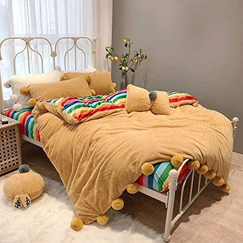 VIROYA Housse de Couette en Flanelle, Nouveau Rose Gris Blanc Sept Arc-en-Ciel Hiver Chaud Flanelle Velours Polaire Princesse Fille Ensemble de literie Housse de Couette Drap de lit taies