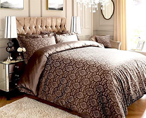 Roseley 600TC Jacquard Duvet Cover Set 80% Cotton Ornamental Bed Set Covers Soft & Warm Extra Pillowcases Available [Brown Damask, Double]