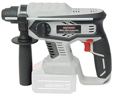Dino KRAFTPAKET 18V-22 Bürstenloser Akku Bohrhammer SDS-plus (max. Schlagenergie 2.2 Joule, Bohrleistung: Beton: 22mm) mit Schnellstopp, LED-Leuchte, Griff und Tiefenanschlag, Motor bürstenlos (Brushl
