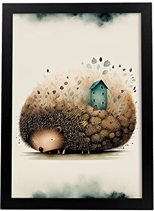 Nacnic Igel Poster im Präzisionsstil. Illustrationen süßer schlafender Tiere in warmen Farben für Kinderzimmer. Innenarchitektur und Dekoration. A3 mit schwarzen Rahmen.