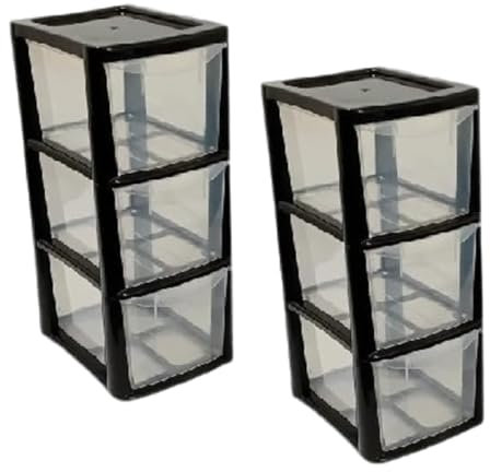 Khanary 2x A5 Plastic Storage Drawer- 3 Tier Medium Black Drawer Plastic Tower Storage Unit School Bedroom Living Room Home Kitchen Store Office Tabletop Desk- 25Dx48Hx19W cm