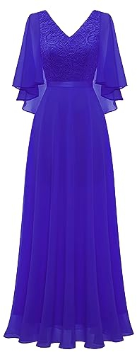 DRESSTELLS Abendkleid Damen Festlich Spitzenkleid für Hochzeit Chiffon Cape Ärmel Ballkleid Elegant Lang Brautkleid Standesamt Partykleid mit V-Rücken Royalblue L