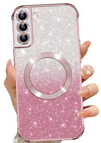 Phoona für Samsung Galaxy S21+ Hülle, Magnetisch Handyhülle Kompatibel mit MagSafe, Keine Vergilbung, Kratzfeste, Ganzkörperschutz Glitzer Hülle für Samsung S21 Plus 5G, Mit 2 Schutzfolie, Rosa