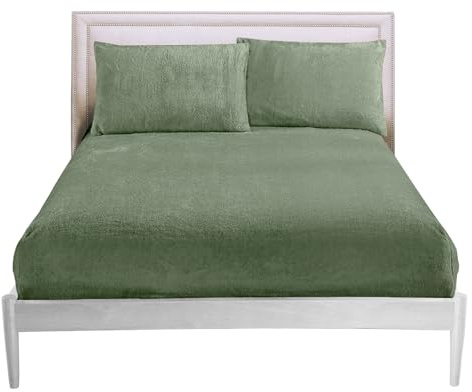 GC GAVENO CAVAILIA Double Fitted Sheet - Soft Fluffy Warm Fleece Bed Sheet with Elastic Corners (137x193cm), 25cm Deep Fitted Sheet for Double Bed - Easy Care Bedding Double Bottom Sheet,Sage Green