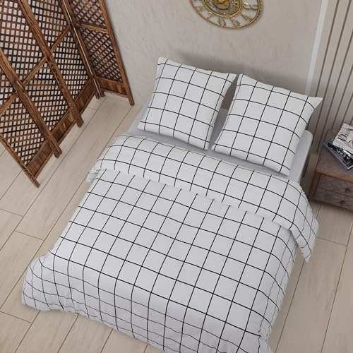Vency Bettwäsche 200x200 3-Teilig Weiß - Oeko-TEX 80% Baumwolle & 20% Polyester, 1x Bettbezug Reißverschluss + 2X Kissenbezug 80x80 Umschlagverschluss, Gridline Modell