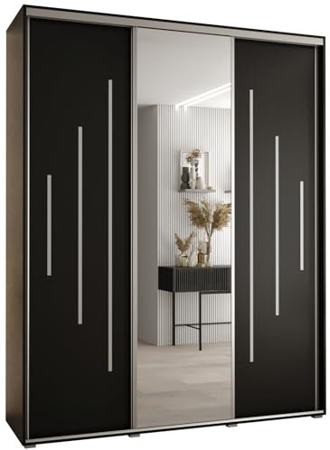 MEBLE KRYSPOL Davos 13 200 Schrank mit DREI Schiebetüren für Schlafzimmer - Moderner Kleiderschrank mit Spiegel, Kleiderstange und Regalen - 235,2x200x45 cm - Schwarz Schwarz Silber