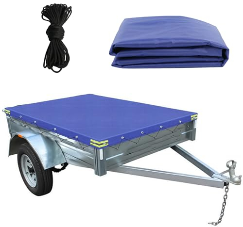 Anhängerplane Flachplane Wasserdicht 211x116x11cm, Aktualisierung 600D Oxford PVC Hochplane mit Planenseil, PKW Anhänger Plane Abdeckung für viele 750kg Hänger, Autoanhänger Abdeckplane (Blau)