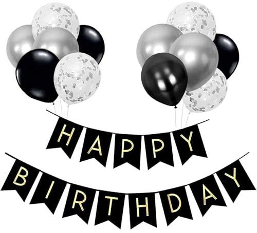 Luftballons Geburtstag Dekoration Set, Schwarz Silber Geburtstagsdeko Happy Birthday deko Banner Party Deko Geburtstag Set mit Schwarz Silber Happy Birthday Luftballons Konfetti Ballons(BK+SR)