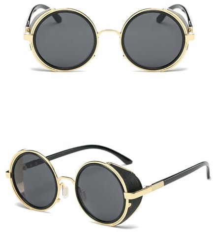 HPIRME Vintage runde Steampunk-Sonnenbrille zum Hochklappen, doppellagige Muschel-Sonnenbrille, 3, Gold, Grau, Einheitsgröße