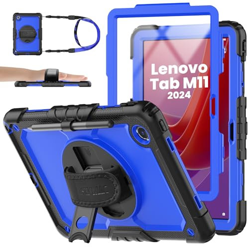 SEYMAC stock Coque pour Lenovo Tab M11/ K11/ Xiaoxin Pad 2024 11 Pouces (TB330FU/TB-330XU/TB-331FC), Coque Antichoc avec Protecteur D'écran, Support Rotatif à 360°/Dragonne et Porte-Crayon, Bleu