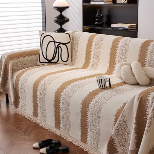 FANSU Sofabezug L Form 1 2 3 4 Sitzer, Sofaüberwurf Decke Ecksofa Universelle rutschfeste Couch Bezug Sofaschoner Sofa Decken Couch Überwürf Einteiliger Sofabezug (braune Streifen,180x360cm)
