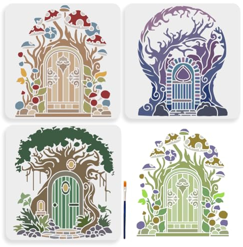 MAYJOYDIY Lot de 3 pochoirs réutilisables pour porte d'arbre - 30 x 30 cm - Grand pochoir avec pinceau - Motif branche de champignon - Arbre de vie - Pour bois, toile, tissu, mur et meubles