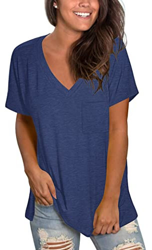 MOLERANI V Neck T Shirts for Women Short Sleeve Loose Casual Tshirts Basic Tees Navy Blue XL